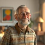 smiling old grandfather, standing in living room, short beard and glasses, style...