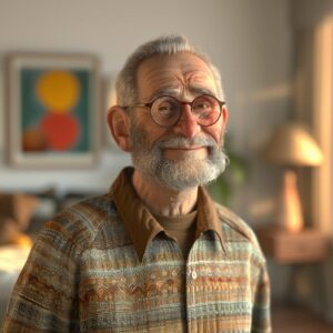 smiling old grandfather, standing in living room, short beard and glasses, style...