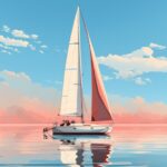 A ship at sail, modern white NACRA 17 sailboat, bright blue tropical water, mini...