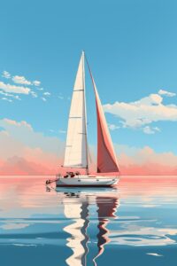 A ship at sail, modern white NACRA 17 sailboat, bright blue tropical water, mini...