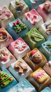 PromptA close-up photo of a Christmas-themed jelly keyboard. The keycaps are mad...