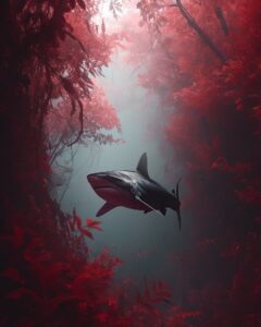 a shark swims in a red rainforest,fog,Tyndall,cinematic --ar 4:5 --v 6.0-a red h...