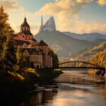 Switzerland mountain landscape nature photography from valley next to a large ri...