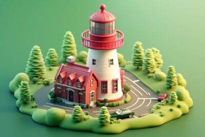 Tiny cute isometric red white lighthouse, soft smooth lighting, soft colors, 100...