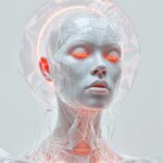 high fashion studio portrait of an albino female model made of glass and covered...