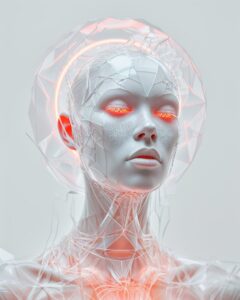 high fashion studio portrait of an albino female model made of glass and covered...
