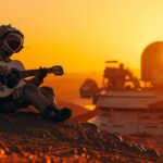 photograph of futuristic space travelor sitting down on a hill on alien planet w...