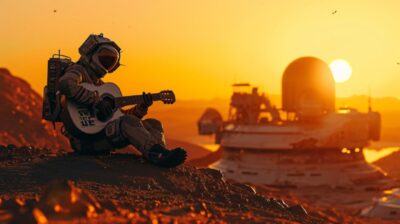photograph of futuristic space travelor sitting down on a hill on alien planet w...