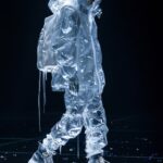 Prada fashion, fw runway, clothes made from ice and icicles, , isolated black ba...
