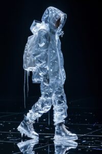 Prada fashion, fw runway, clothes made from ice and icicles, , isolated black ba...