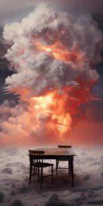 A smokey cloud is hovering over a table, in the style of sci - fi baroque, berti...