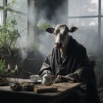 Close up, cow’s head man in Black robe Sit down at the table, smoke flying up in...
