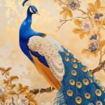 peacock, silk enamel, silk, gold, bule and gold, white background, cloisonne sty...