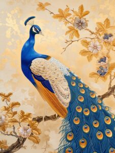 peacock, silk enamel, silk, gold, bule and gold, white background, cloisonne sty...
