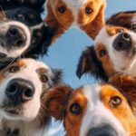 Prompt:iphone wallpaper with 6 cute [cats/dogs] curiously looking fown at the sc...