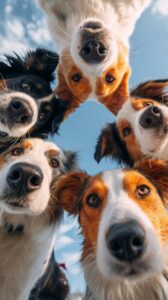 Prompt:iphone wallpaper with 6 cute [cats/dogs] curiously looking fown at the sc...