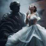 a woman in a tulle gown posing by a statue, in the style of cinematic elegance, ...