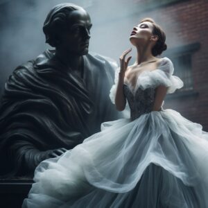 a woman in a tulle gown posing by a statue, in the style of cinematic elegance, ...