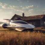 Reflective gloss white e - VTOL spaceship sports hyper car vehicle hovering doin...