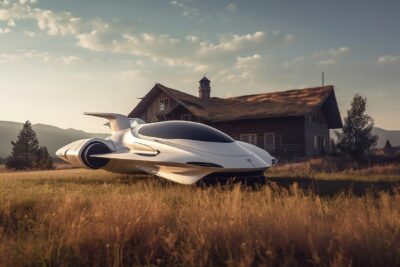 Reflective gloss white e - VTOL spaceship sports hyper car vehicle hovering doin...