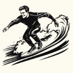 Retro Atlet Surfing, simple sticker style, retro 1950s illustration, black and w...