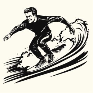 Retro Atlet Surfing, simple sticker style, retro 1950s illustration, black and w...