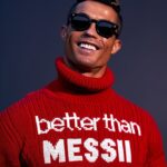 frontal editorial fashion portrait of a CRISTIANO RONALDO with sunglasses in a r...
