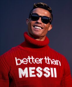 frontal editorial fashion portrait of a CRISTIANO RONALDO with sunglasses in a r...