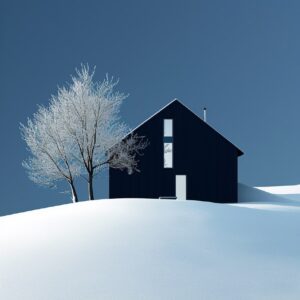 1-2a house with black walls on a frozen hill, minimalistic color palettes, Alast...