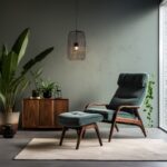 A minimalist lounge chair with footrest for use at home, in the style of midcent...