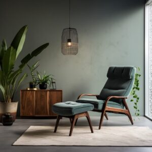 A minimalist lounge chair with footrest for use at home, in the style of midcent...