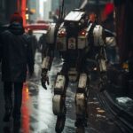 a robot walking down the street in wet weather, in the style of science-fiction ...