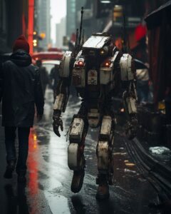 a robot walking down the street in wet weather, in the style of science-fiction ...