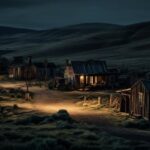 A hauntingly beautiful ghost town, with crumbling buildings, overgrown vegetatio...