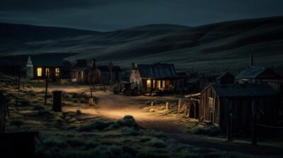 A hauntingly beautiful ghost town, with crumbling buildings, overgrown vegetatio...