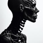 Editorial portrait, skeleton, inverted black and white minimalism, realistic ana...