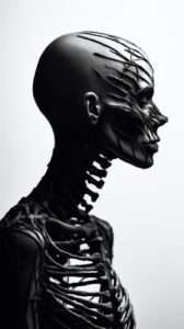 Editorial portrait, skeleton, inverted black and white minimalism, realistic ana...