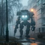 foggy day in a russian neighborhood and through the fog is hybrid mech warrior w...