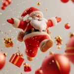 A Santa Claus descending from the sky, jumping posture, giving gifts, A rich exp...
