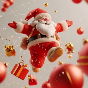 A Santa Claus descending from the sky, jumping posture, giving gifts, A rich exp...