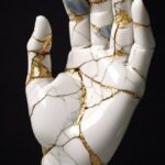 Sculpture of broken hands, kintsugi, traditional photographic techniques, inlay,...
