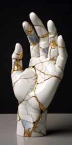Sculpture of broken hands, kintsugi, traditional photographic techniques, inlay,...