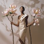 A model holding a magnolia, fashion - forward --v 5.2by Val Johnston#fashion Pro...