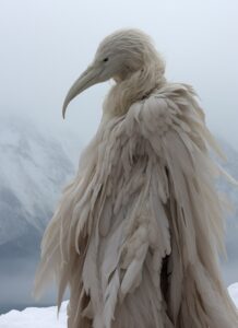 Side view, snow, Without people, a giant monster in the snow, in white feathers ...