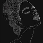 simple white line drawing of a black woman, black background, simple white lines...
