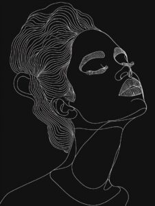 simple white line drawing of a black woman, black background, simple white lines...