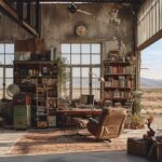 photo of an office studio space in an abandoned air hangar, calm, boho style, co...