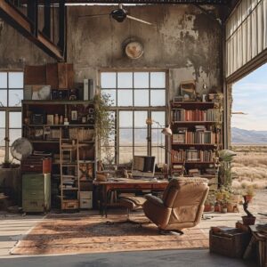 photo of an office studio space in an abandoned air hangar, calm, boho style, co...