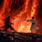 A samurai warrior wearing white kimono swinging his magic sword at a giant black...