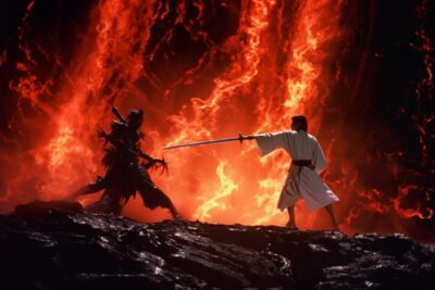 A samurai warrior wearing white kimono swinging his magic sword at a giant black...